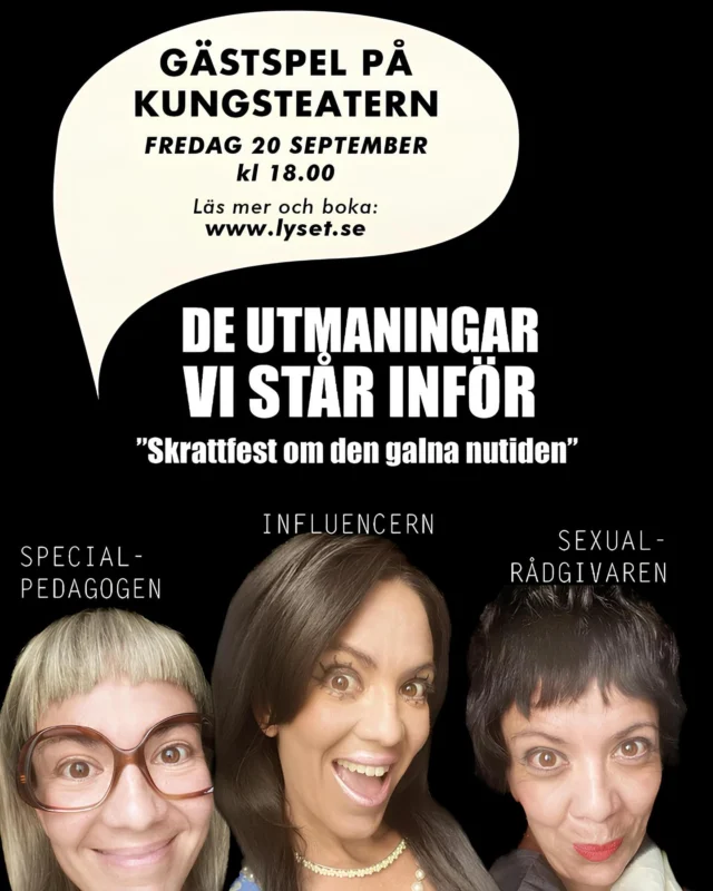 🌟 FREDAG 20 SEPTEMBER 18:00 🌟

”En galen och rolig humorshow, med vass samhällssatir i botten.” 

Den kritikerrosade föreställningen ”De utmaningar vi står inför” har turnerat runt i Sverige i olika omgångar ända sedan 2018, nu äntligen kommer den till Karlskoga!

För att säkra din biljett bokar du via lyset.se.

Vi ses på Kungsteatern!

#deutmaningarvistarinfor #teaterföreningenlyset #kungsteatern #karlskoga