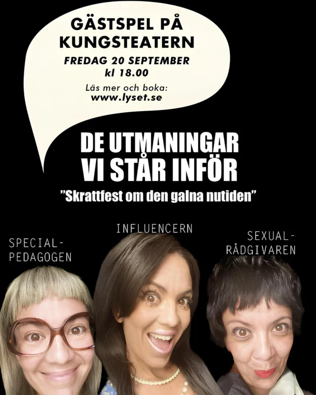 🎟️ FÅTAL BILJETTER KVAR 🎟️

På fredag släpper vi lös vårt efterlängtade gästspel ”De utmaningar vi står inför”.

Ett fåtal biljetter kvarstår så det är hög tid att säkra sin plats! 🤩

👉 lyset.se

Vi ses!

#kungsteatern #teaterföreningenlyset #deutmaningarvistarinfor