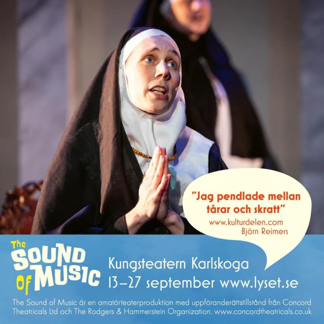✨ FULLBOKAT ✨

Samtliga kvarvarande föreställningar av ”The sound of music” på Kungsteatern är nu fullbokade. 🙏

Då det ofta blir ett par platser lediga pga sena återbud får ni gärna komma till teatern och chansa på en extraplats. Portarna till Kungsteatern öppnar alltid en timma innan föreställning.

I pausen finns fika att köpa både i foajén och i vårt mysiga café.

Nu längtar vi alla efter vår publik denna vår sista spelvecka, välkomna!