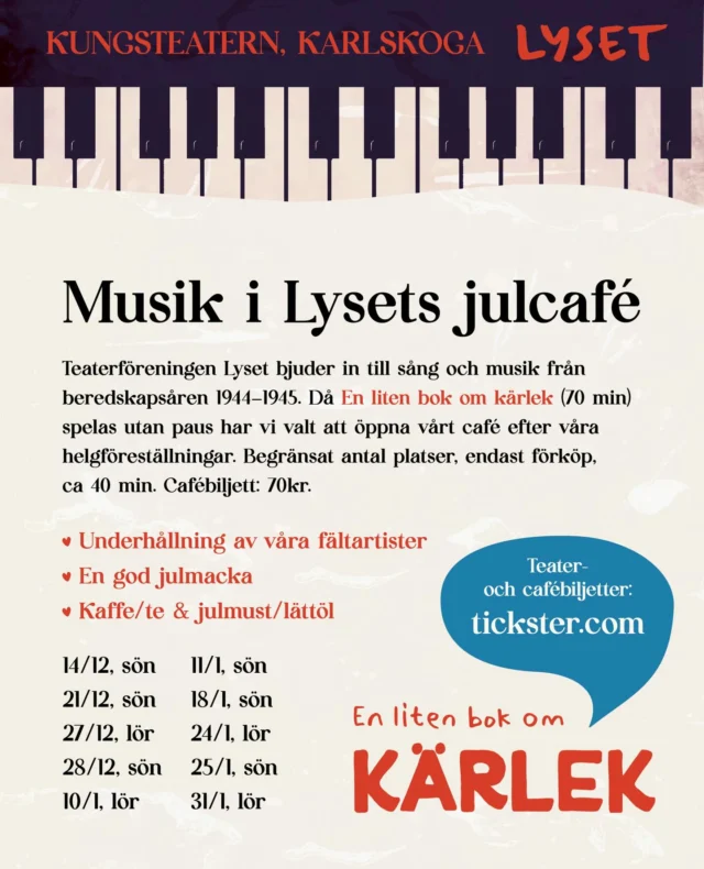 I samband med 10 föreställningar av En liten bok om kärlek finns det möjlighet njuta av musikpärlor från beredskapstiden ❣️ 
🎶Sångare: Josefine Edenvik, Lisa Rehnberg & Ingrid Langaard.
🎹Piano: Inga-Lill Brogeland-Morfeldt, Janne Persson