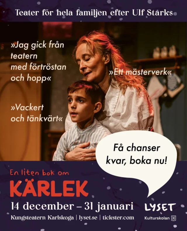 📣ENDAST 5 FÖRESTÄLLNINGAR KVAR!

Ikväll den 22 januari spelar vi kl. 19:00
Biljettkassan öppen på Kungsteatern från kl. 18:00

Varmt välkomna till Karlskogas fina teater❣️

📣tickster.com / lyset.com