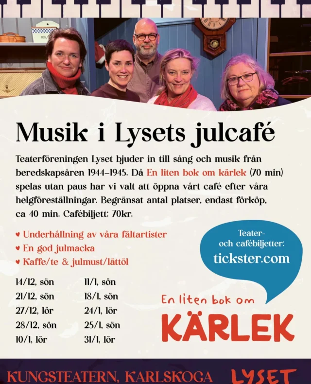 Missa inte musikunderhållning och fika i Kungsteaterns café efter ”En liten bok om kärlek”

📣 Fältartisterna underhåller 24/1, 25/1 & 31/1

📣Endast förbokning tickster.com