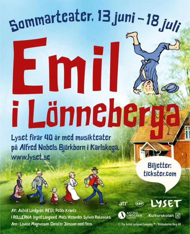 .
🍃 BILJETTER UTE NU 🍃

Sommarens mysigaste utflykt för hela familjen, och för flera generationer, hittar du på Björkborn i Karlskoga där teaterföreningen Lyset sätter upp musikteatern ”Emil i Lönneberga”.

Astrid Lindgrens älskade berättelser om pojken som gör fler hyss än det finns dagar på året får liv när den gamla vaktmästarbostaden på Björkborn med varsam hand förvandlas till Katthult.

Kom och upplev några av Emils och Idas upptåg i Lönneberga, en historia kantad av musik, sång och stôlleprov!

👉 lyset.se

🎫 tickster.com

#emililönneberga #teaterföreningenlyset #björkborn #karlskoga