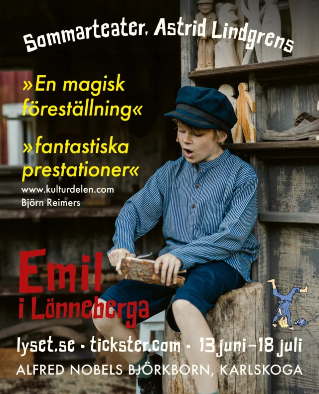 .
🍃 PLATSER FINNS FRÅN SÖNDAG OCH FRAMÅT 🍃

Onsdag, torsdag och fredag den här veckan blev snabbt slutsålt.

Vill ni se succén ”Emil i Lönneberga” på Björkborn i Karlskoga är det hög tid att boka!

I skrivande stund finns plats kvar på söndag, samt onsdag-lördag nästa vecka. Sedan är spelperioden slut och tyvärr är det inte möjligt att spela extraföreställningar. 

Boka NU:

👉 lyset.se

#emililönneberga #teaterföreningenlyset #björkborn