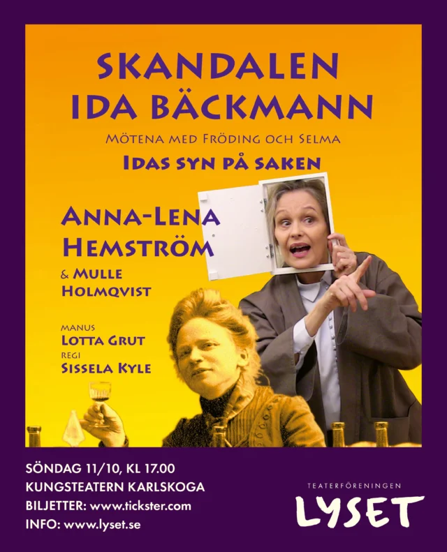 .
🤩 GÄSTSPEL PÅ KUNGSTEATERN 11/10 🤩

🎭 ”Skandalen Ida Bäckmann” med Anna-Lena Hemström och Mulle Holmqvist 

🎭 En föreställning i lättsam, humoristisk ton, fylld med sång och musik!

Ida Bäckmann var Sveriges första kvinnliga utrikesreporter, orädd åkte hon runt världen och skapade populära reportage. Hon umgicks med dåtidens kulturelit och sägs ha stalkat både Gustaf Fröding och Selma Lagerlöf, var hon än drog fram skapades kaos i hennes spår.

….eller??? Nu kommer Ida tillbaka och berättar sin egen syn på saken! 

👉 BILJETTSLÄPP: Tisdag 22/9 klockan 12.00 på lyset.se. (Det lär bli utsålt, häng på låset!)

#skandalenidabäckmann #kungsteatern #teaterföreningenlyset #karlskoga