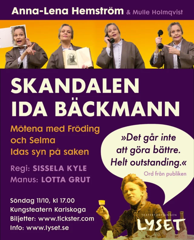 .
🎭 Gästspel 11 oktober 17:00 Kungsteatern 🎭

Missa inte chansen att se denna professionella lilla pärla på Kungsteatern i Karlskoga! 

👉 tickster.com eller lyset.se

Varmt välkomna! 🤩

#skandalenidabäckmann #teaterföreningenlyset #kungsteatern #karlskoga